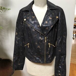 Rock & Republic Womens Black Gold Metallic Animal Print Motorcycle Jacket Large